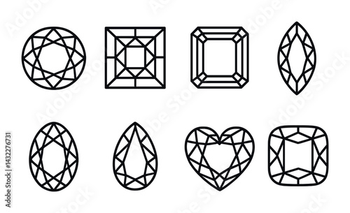 Gemstone icon set – outline style jewelry, precious stones, and diamond symbols for design: round, square, emerald cut, marquise, oval, pear, heart, cushion