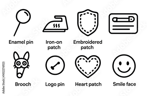 Craft and diy accessory icons - outline style patches, pins, and brooches for creative projects: enamel pin, iron-on patch, embroidered patch, brooch, logo pin, heart patch, smile face.