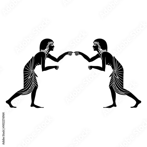 Symmetrical ethnic design with two boxing ancient Egyptian men. Black and white silhouette.