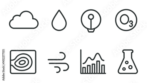 Weather and environment outline icon set – line style for climate, forecasting, and nature concepts: cloud, raindrop, sunlight, ozone, nucleus, wind, chart, laboratory.