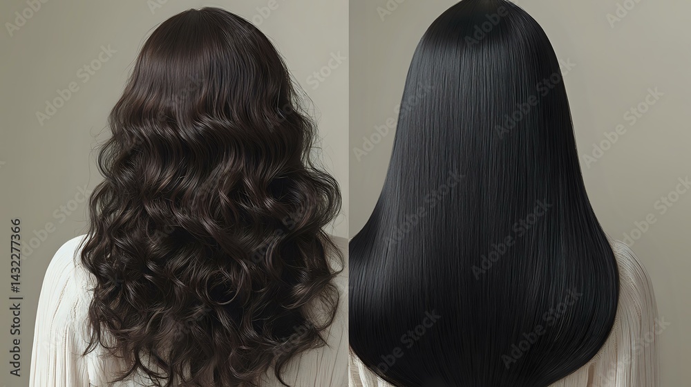 Fototapeta premium Long dark hair shown in two styles - voluminous curly waves and straight sleek finish, demonstrating professional hair styling transformation and beauty treatment results.