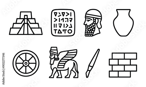 Ancient mesopotamia outline icons set – historical archeology, culture, and civilization symbols for educational resources: ziggurat, cuneiform tablet, figure, pottery, wheel, lamassu