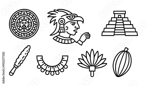 Ancient mayan culture icon set – outline style historical symbols for education and design: aztec calendar, warrior, pyramid, feathered headdress, cacao bean, club, jewelry.