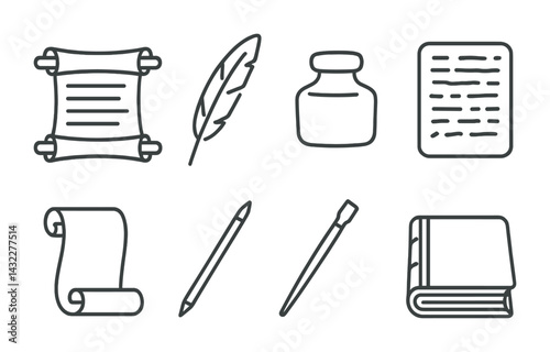 Writing tools outline icon set – linear style for copywriting, editing, blogging: scroll, feather quill, ink bottle, manuscript, scroll paper, pencil, brush, book