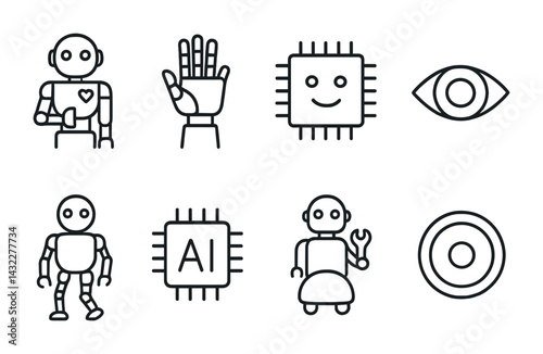 Robot technology icons – outline style artificial intelligence, automation, and innovation symbols: robot, ai chip, mechanical arm, microchip, eye, gear, wrench