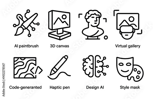 Ai art tools icon set – linear style digital creativity, tech, and illustration symbols for designers: ai paintbrush, 3d canvas, virtual gallery, code-generated, haptic pen, design ai, style mask.