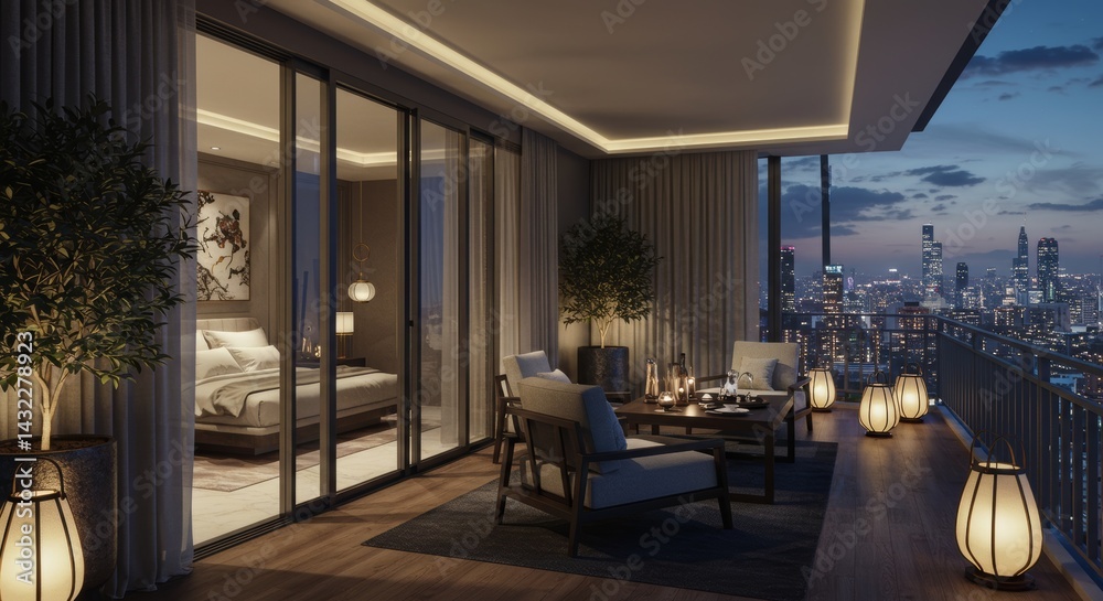 Apartment Balcony with City View at Night Apartment Balcony with City View at Night