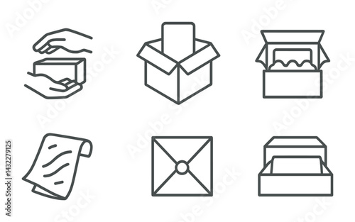 Ecommerce and shipping icons set – line style delivery, packaging, and logistics symbols for online stores: hands holding box, open box, gift box, receipt, envelope, package.