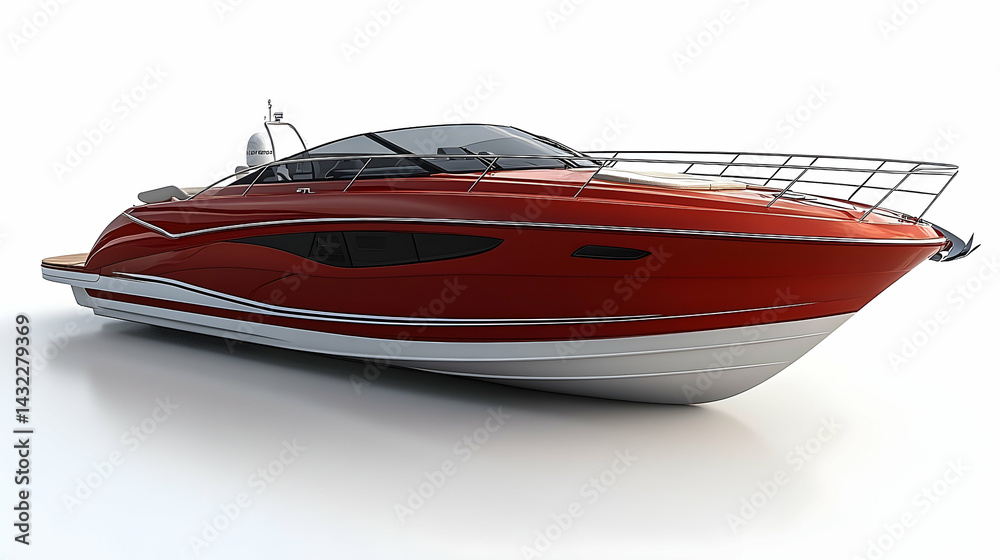 Sleek Red Motor Yacht with White Hull, Studio Shot Sleek Red Motor Yacht with White Hull, Studio Shot