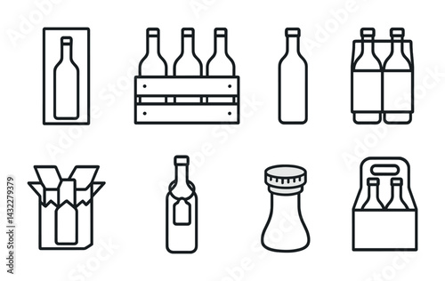 Alcohol and beverage outline icons set – linear style for bars, breweries, and parties: beer bottle, wine crate, single bottle, six-pack, boxed drinks, cork, soda bottle