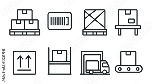Logistics and warehouse icon set – linear style shipping, storage, and delivery symbols for supply chain management: pallets, barcode, cargo, truck, conveyor, warehouse