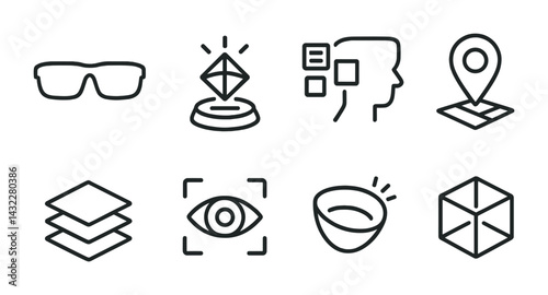 Augmented reality outline icons set – linear style ar technology, virtual reality, and digital interaction symbols: glasses, prism, head, location, layers, eye, bowl, cube.