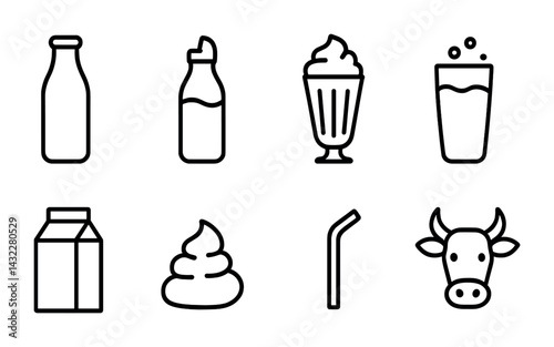 Dairy products outline icon set – linear style milk, cheese, and beverage symbols for food industry: milk bottle, yogurt, milkshake, glass, carton, cream, straw, cow