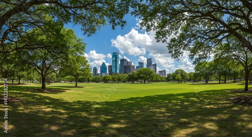 extensive view showcasing aesthetically pleasing green urban recreational area central business district Dallas sunny day low angle perspective dense tree cover contemporary structures partly cloudy