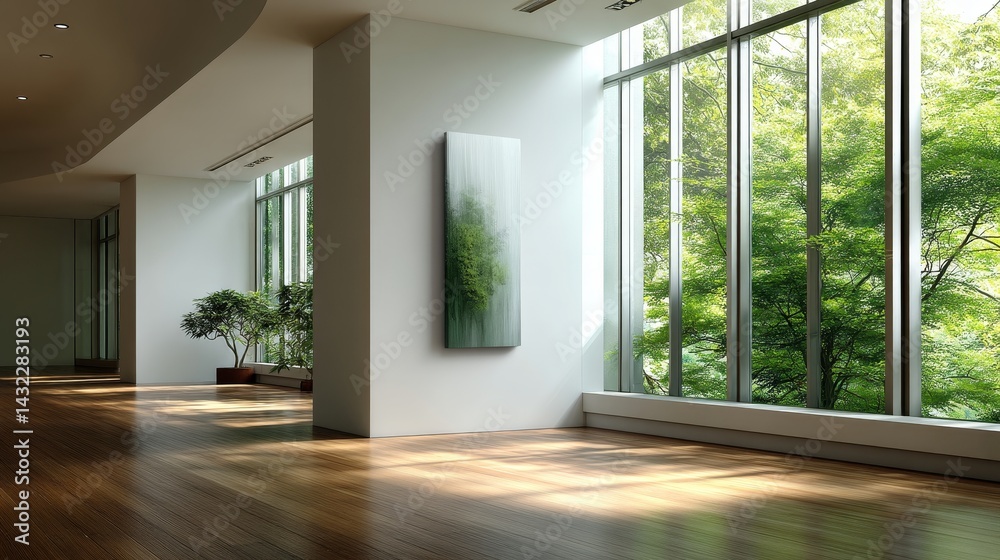 Fototapeta premium Serene Minimalist Spa Interior with Green Views and Abstract Art