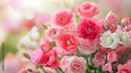 Delicate pastel roses in a vibrant floral bouquet.