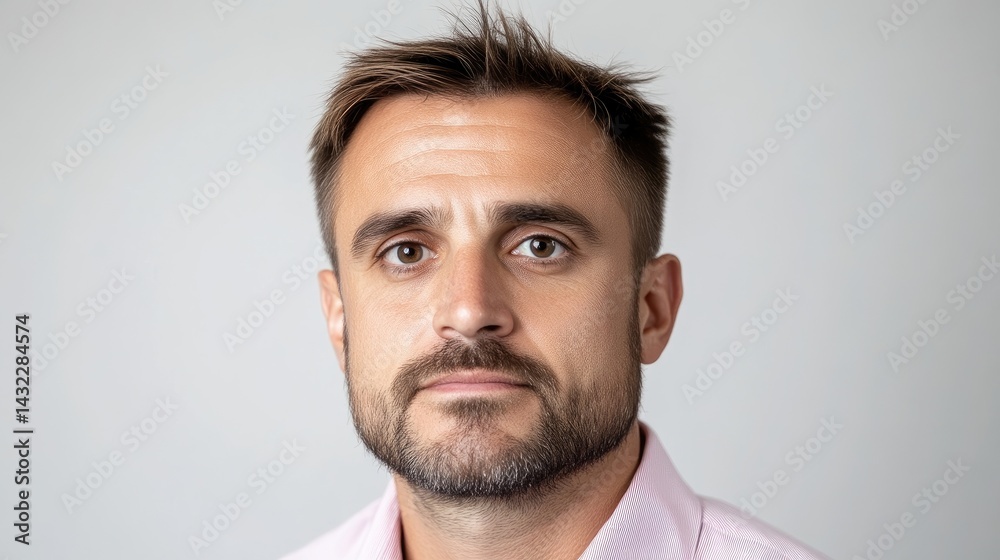 Naklejka premium Mans Serious Portrait Minimalist Style High-resolution Neutral Lighting Close-up Headshot Slight stubble Professional Headshot Grey backdrop Neutral tones Perfect for corporate profiles