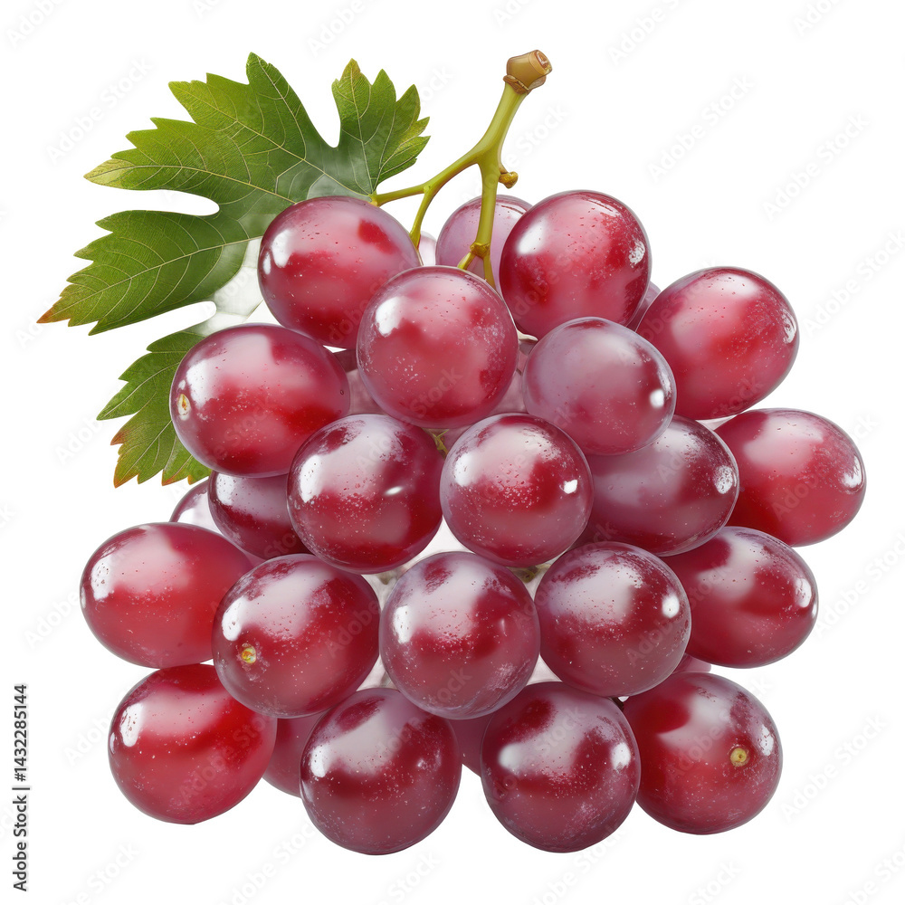 Fototapeta premium Glossy Bunch of Red Grapes with a Touch of Greenery