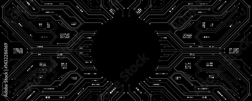 AI circuit board with electronics elements on black backdrop. UI and GUI design. Futuristic high tech panel of connected lines. Scientific and Technological background. Vector illustration