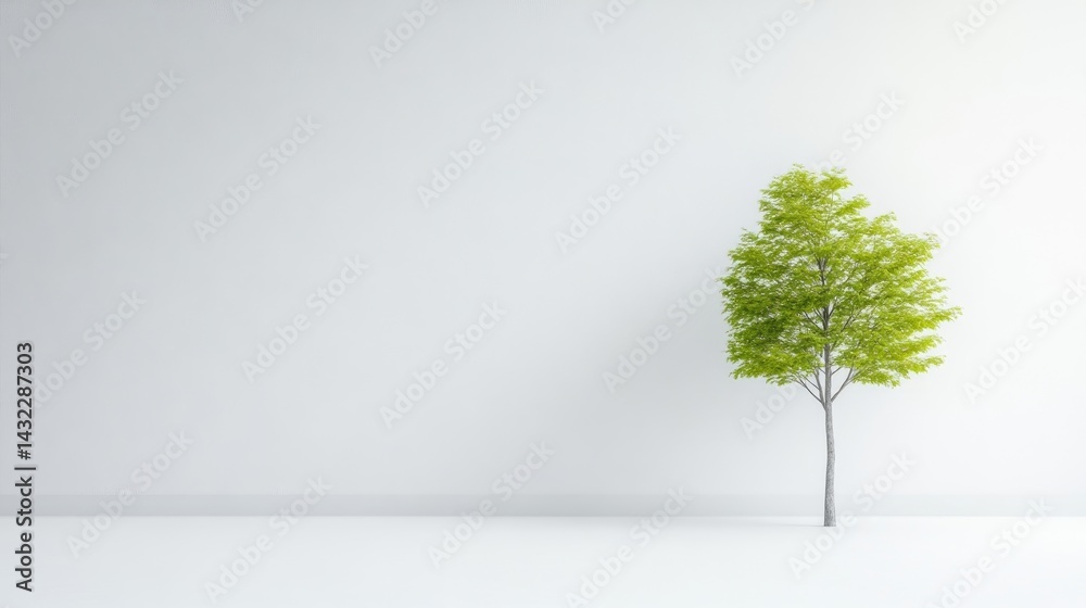 Obraz premium Single Small Tree Minimalist Style High-Resolution Image Wide Shot Simple Branches Growing White Room Background Light Green Tones Ideal for Eco Ads