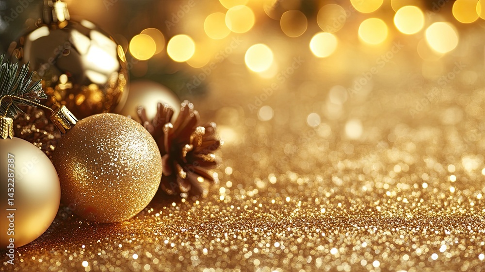 Abstract luxury gold background with shimmering Christmas decorations and glowing bokeh lights. -- Abstract luxury gold background with shimmering Christmas decorations and glowing bokeh lights. --