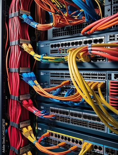 Close-up view of colorful network cables connected to server racks in a data center, showcasing modern information technology infrastructure and high-speed digital connectivity.

