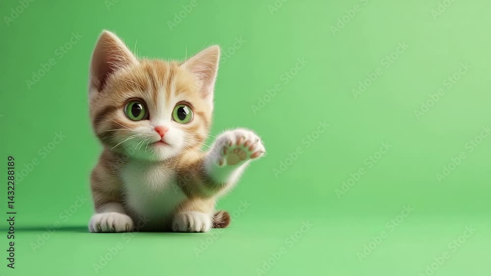Adorable kitten raising paw against green background