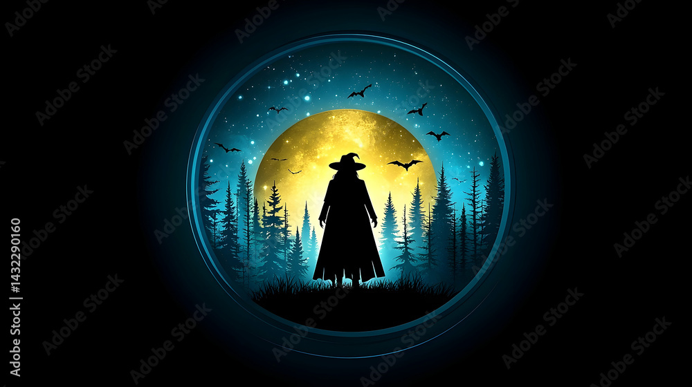 Fototapeta premium Silhouette of a figure in a forest at night under a luminous moon.