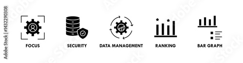 Data Analysis banner web icon illustration concept with icon of focus, security, data management, ranking, and bar graph