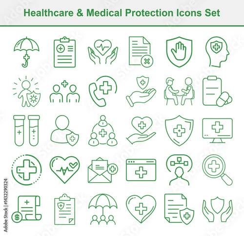 Healthcare Icons Medical Protection Symbols, Shield, Heart, People, Cross, line art