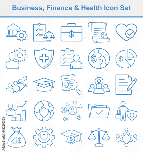 Business Finance Health Icons Set, Blue Line Style on White Background Design Asset