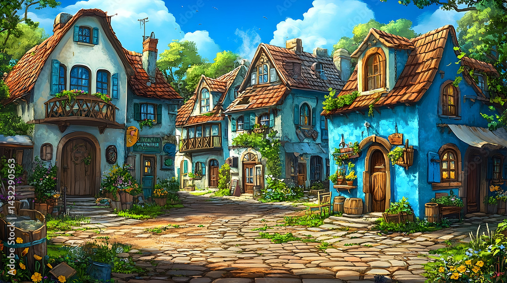 Obraz premium Colorful, whimsical village street scene under a sunny sky.