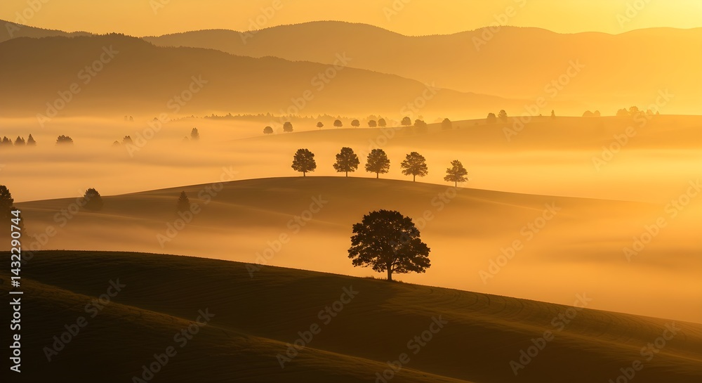 Fototapeta premium Golden Sunrise Landscape: Misty Hills, Silhouetted Trees
