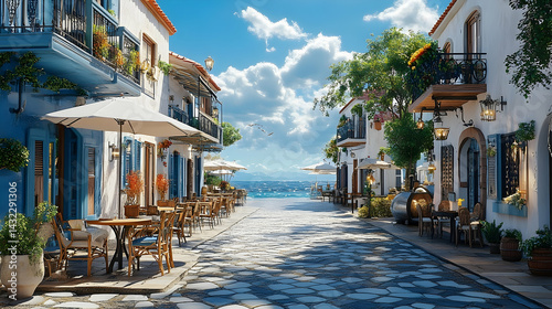 Charming mediterranean street scene with outdoor cafes.