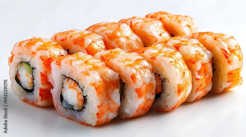 Delicious shrimp sushi rolls arranged neatly on a white background ready to be served for a delicious meal. Delicious shrimp sushi rolls arranged neatly on a white background ready to be served for a delicious meal.