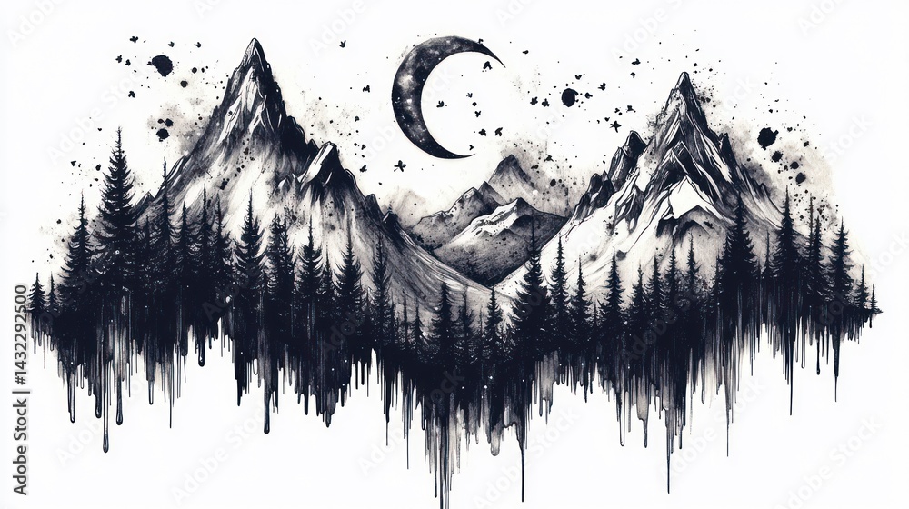 Mountains, moonlit night, forest, abstract art, print