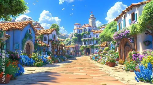 Colorful, sun-drenched village street with charming houses and vibrant flowers. photo