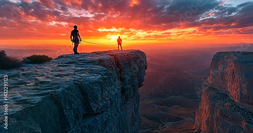 Two climbers silhouetted against a vibrant sunset on a rocky cliff, showcasing adventure and nature