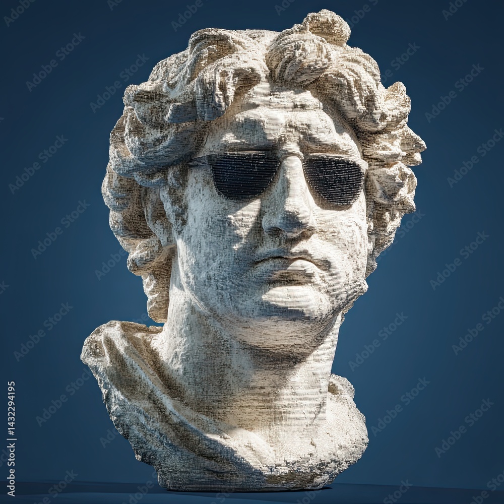 Fototapeta premium The stone bust of a serious man wea modern sunglasses sits in a casual display with a cool and contemporary artistic vibe, demonstrating an anachronism.