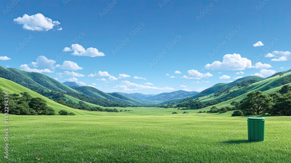 Fototapeta premium A serene cartoon landscape featu rolling green hills, scattered trees, a vibrant blue sky with fluffy clouds, and a lone green trash bin in the foreground.