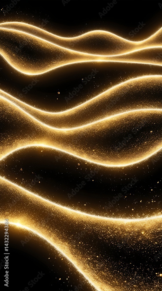 Obraz premium Golden abstract landscape with smooth shimmering waves forming glowing dunes in dark surroundings, ideal for futuristic themes, luxury concepts, or elegant backgrounds