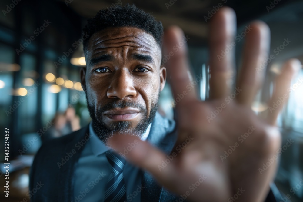 A close-up of a confident American African businessman in a sleek glass-walled boardroom, his hand palm-forward at the camera commanding stop, with morning light filtering through skyscraper windows A close-up of a confident American African businessman in a sleek glass-walled boardroom, his hand palm-forward at the camera commanding stop, with morning light filtering through skyscraper windows