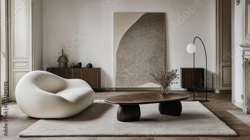 A modern, neutral living room interior showcasing organic shapes and textures. photo