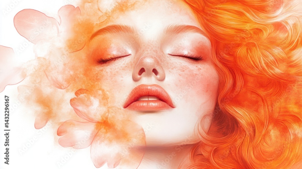 Naklejka premium A radiant woman with fiery orange hair, depicted in soft hues.
