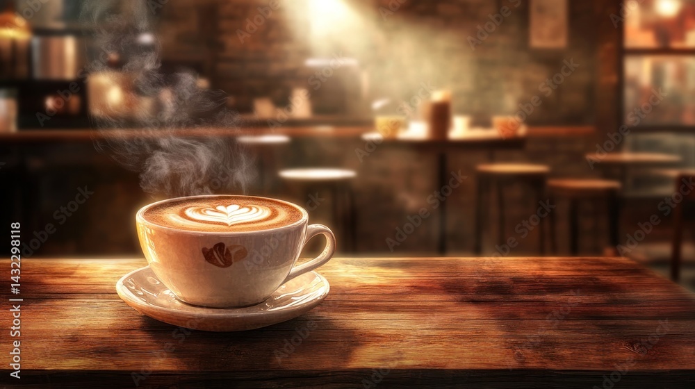 Steaming latte in cozy cafe Steaming latte in cozy cafe