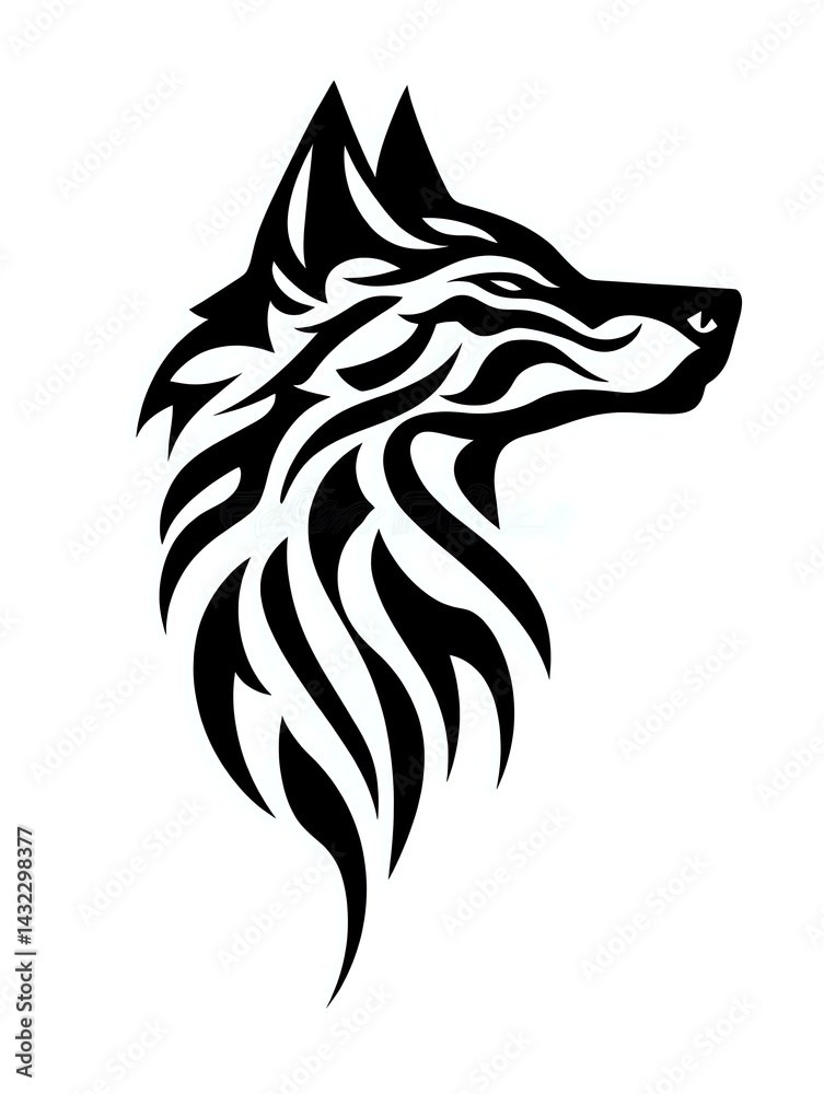 Fototapeta premium Stylized black wolf head silhouette with flowing tribal pattern design isolated on white background, suitable for logo, tattoo art and merchandise design.