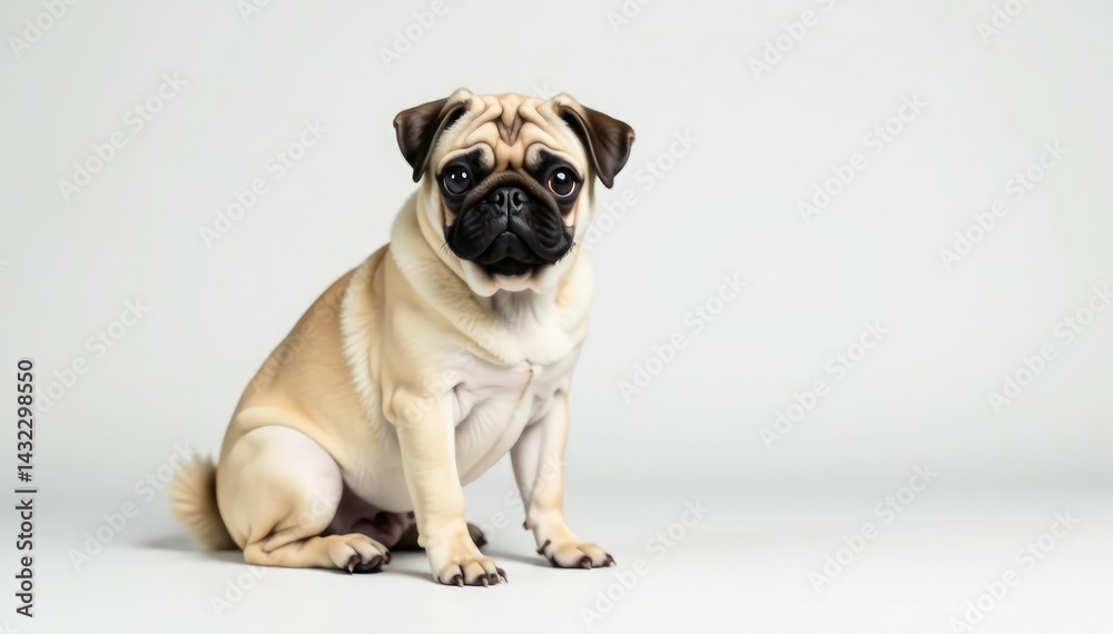 Obraz premium Adorable pug dog sits alone against white background , sweet, shot, closeup