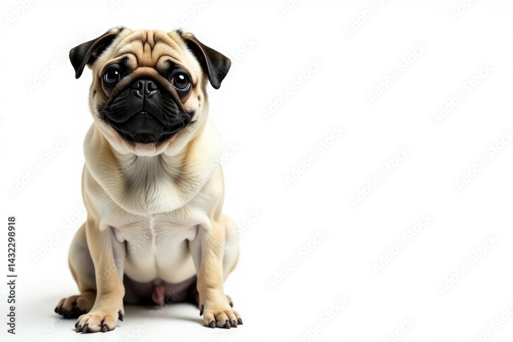 Obraz premium Adorable pug dog sitting, isolated on white background, companion, picture, pet photography