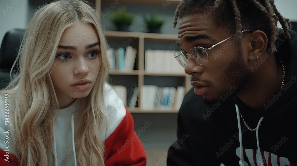 Fototapeta premium Young Diverse Friends Engaged in Deep Conversation in a Modern Office Setting with Shelves in Background