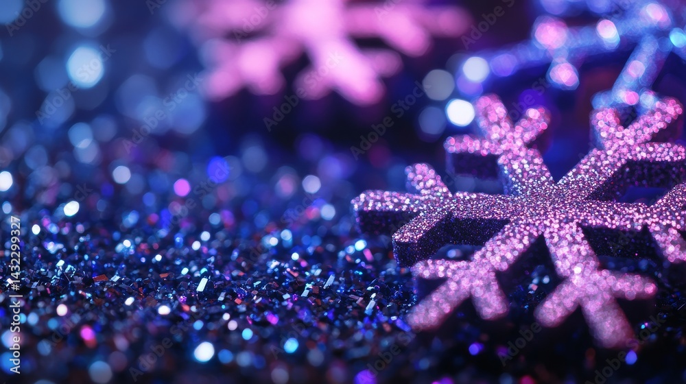 Festive snowflakes glimmering on a bed of sparkling glitter. Festive snowflakes glimmering on a bed of sparkling glitter.